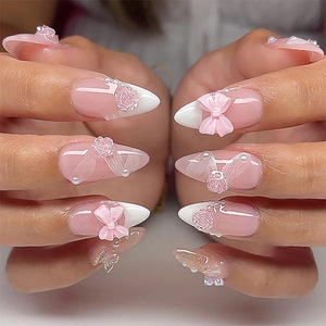 <span class=keywords><strong>Uñas</strong></span> postizas acrílicas personalizables al por mayor, estilo almendra, color <span class=keywords><strong>rosa</strong></span> nude y blanco francés, con lazo <span class=keywords><strong>de</strong></span> <span class=keywords><strong>rosa</strong></span> 3D, estilo dulce y femenino, medianas, <span class=keywords><strong>de</strong></span> presión. - Product Image 1
