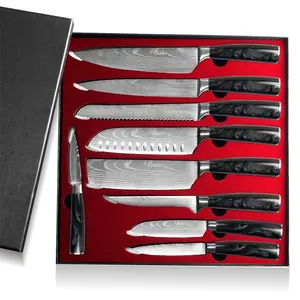 Custom private label damascus pattern black blue red resin 10 piece japanese knife set