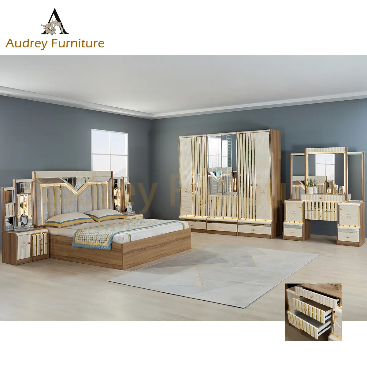 Audrey venta directa del fabricante muebles de dormitorio de estilo de lujo conjuntos de dormitorios modernos con tocador