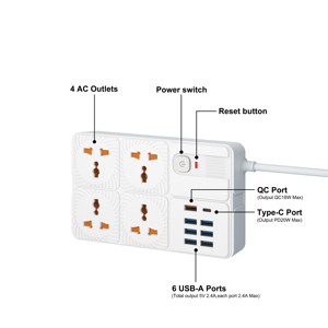 Quốc tế điện dải 4 cửa hàng 4 USB 4 loại C QC PD sạc nhanh 240V đánh giá cho văn phòng nhà máy tính để bàn đa quốc gia cắm - Product Image 4