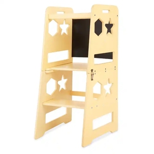 Tabouret de cuisine pliable en bois pour tout-petits, tour d'apprentissage pour enfants avec tableau noir et barrière de sécurité - Product Image 1