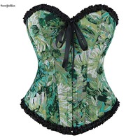 Grande taille XS S M L XL XXL Halloween femmes Costume peinture à l'huile Style Vintage plissé surbuste Corselet vert Corset Victorianos