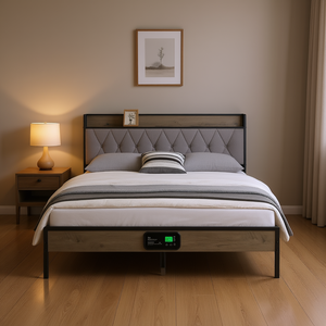 Full Size <b>Grey</b> Bed <b>Frame</b> With Integrated Charging Station Modern Design Fabric Upholstery Steel <b>Frame</b> - Product Image 2