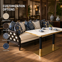 Banquette en bois sculpté avec revêtement crème pour restaurant, ensemble de banquettes pour café et hôtel