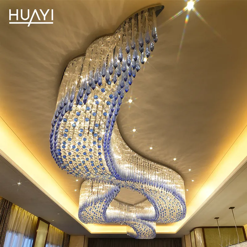 HUAYI Project Customized Interior Pendant Light Chrome Nordic Hotel Lobby Luxury Modern Glass Crystal LED Chandelier