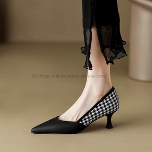 High <b>Heels</b> New Spring and Autumn Pointed Single Thousand Bird Lattice Temperament Fine <b>Heel</b> Women's Shoes - Product Image 1