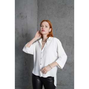 เสื้อเชิ้ตผู้หญิงสีขาว กระดุมหน้า ผ้าป๊อปลิน สไตล์มินิมอล ทรงเอ แบบไม่สมมาตร สำหรับใส่ทำงาน - Product Image 5