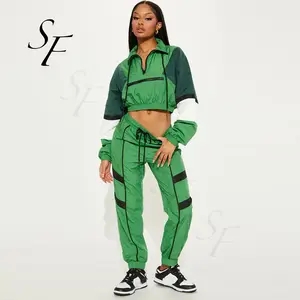 OEM High Quality Green Combo Crop Jacket and Elastic Waist Sweatpants Jogger Running Sweatsuit 2 Pieces Set Tracksuit for Women