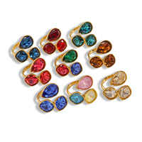 Anillo de Acero Inoxidable con Diamantes Azules, Verdes y Rojos, Recubrimiento de Oro de 14K, Estilo Abierto, Forma de Gota de Agua