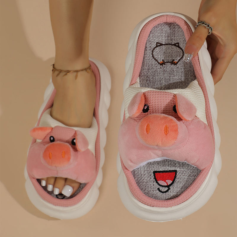 Pretty Pink Pig Summer Ladies Slides Wholesale Women Indoor Shoes Cool Flax  Comfy Home Slippers With Linen