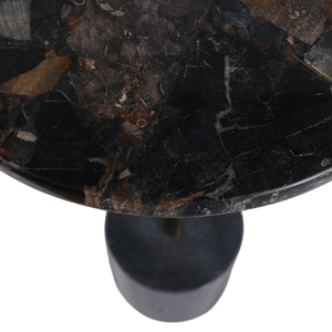 Modern Petrified Wood End <b>Table</b> <b>Round</b> Top Brass Stem <b>Black</b> Base Small <b>Side</b> <b>Table</b> for Living Room Decor - Product Image 4