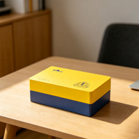 Boîte cadeau en bois rectangulaire artisanale recyclable, laquée jaune et bleue brillante, avec gravure laser
