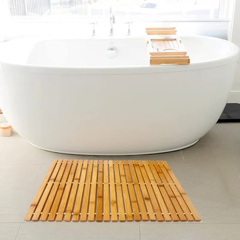 Özelleştirilebilir spa yıkanabilir ev toptancılar küvet koruma modern 2023 banyo kapısı hızlı kuruyan bambu ahşap kaymaz banyo paspas