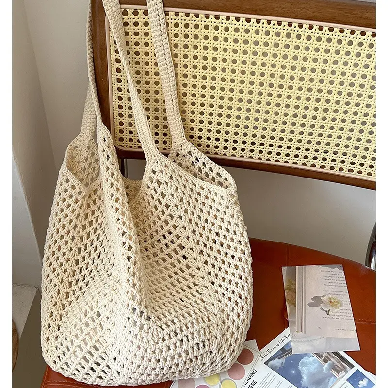 Big Casual Beach Bags for Women Summer Cotton Mesh Woven Tote Bag Shoulder Handbags Large Beach Bag for Women for Holiday