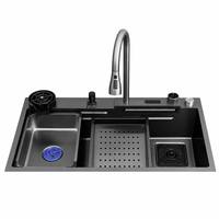 Évier de cuisine Maite moderne intelligent en acier inoxydable, fait main, à cuve unique, multifonctionnel, à poser sur comptoir, avec robinet et rince-verre