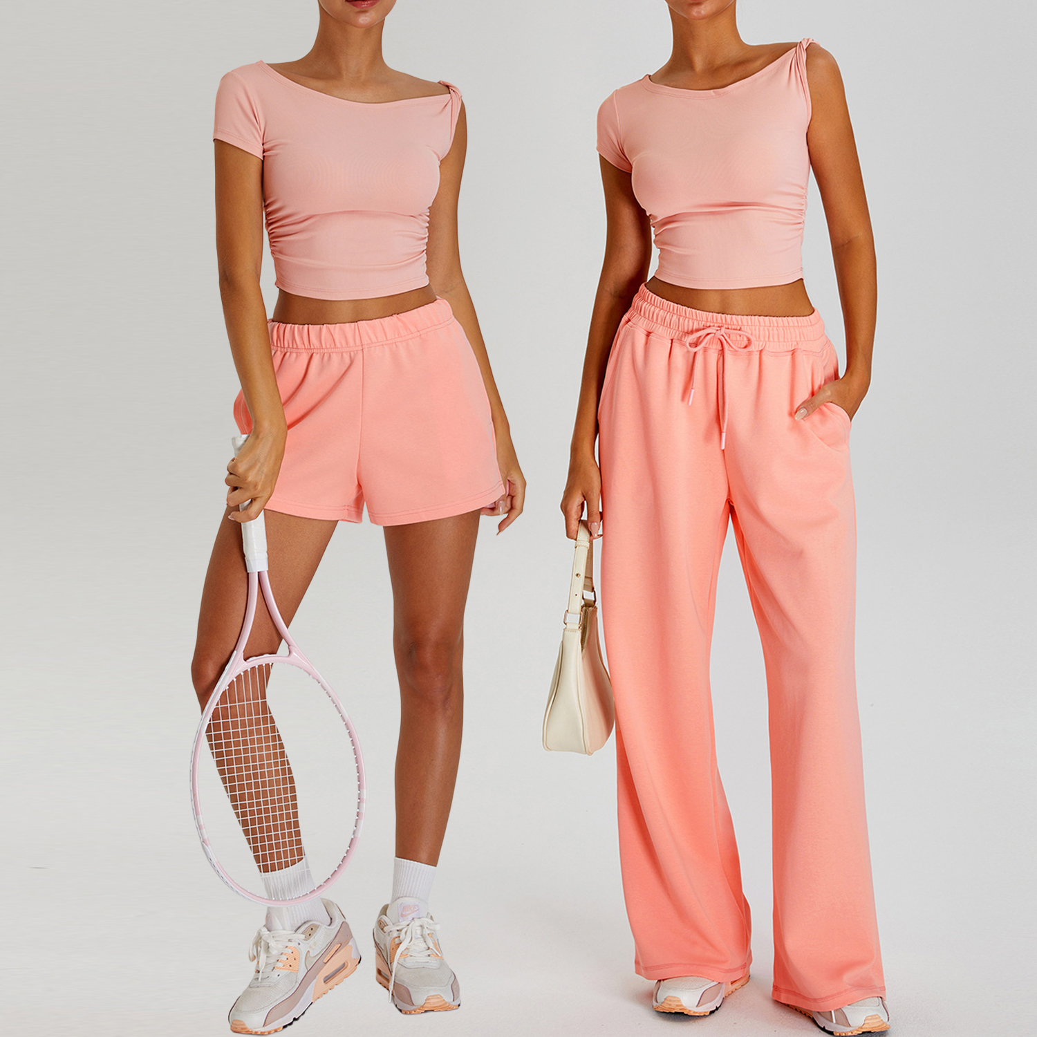 Breathable Solid Front Logo Yoga Set Women Quick-Dry Off-Shoulder Short-Sleeve Sports Running Casual Wide-Leg Pants Fitness Wear
