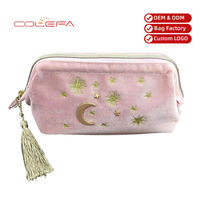 Logo personnalisé lune étoiles soleil rose maquillage résistant à l'eau velours broderie maquillage brosse sac stockage fermeture éclair cosmétique pochette