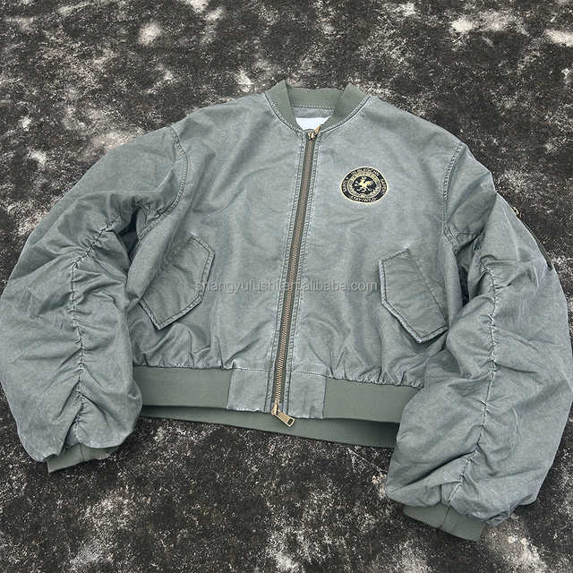 Clothing Manufacturers Custom Embroidery Nylon Bomber Jacket Men's Heavyweight Retro Zip up Washed Bomber Jacket for Winter