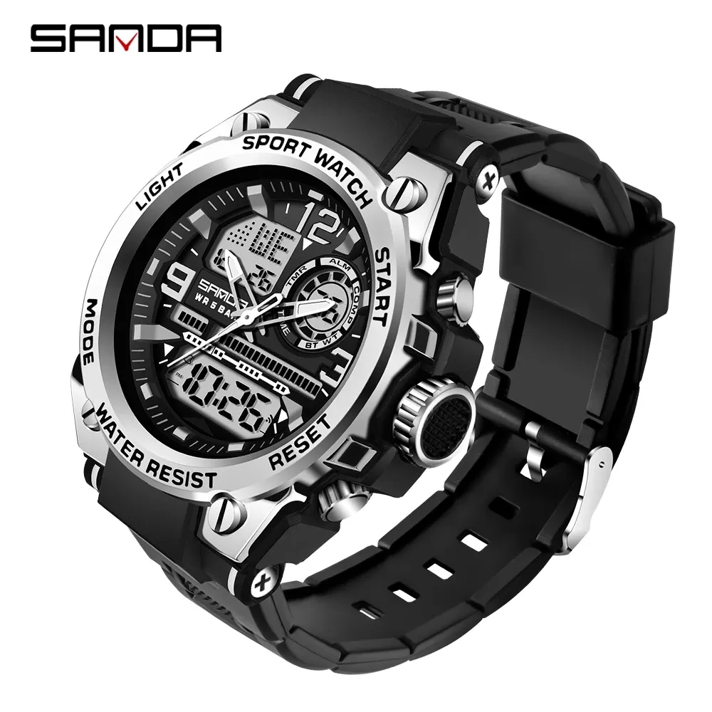 SANDA 6024 2022 New design Watch Dual Display Men 2023 quartz Watches LED Digital Waterproof sanda 6024 uniform sport watch