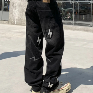 <span class=keywords><strong>Jeans</strong></span> Casual da Uomo con Lavaggio Stone Wash Nero Sfumato, Stile Lightning, Vestibilità Ampia, Pantaloni Lunghi in Denim con Toppe in <span class=keywords><strong>Pelle</strong></span> - Product Image 4