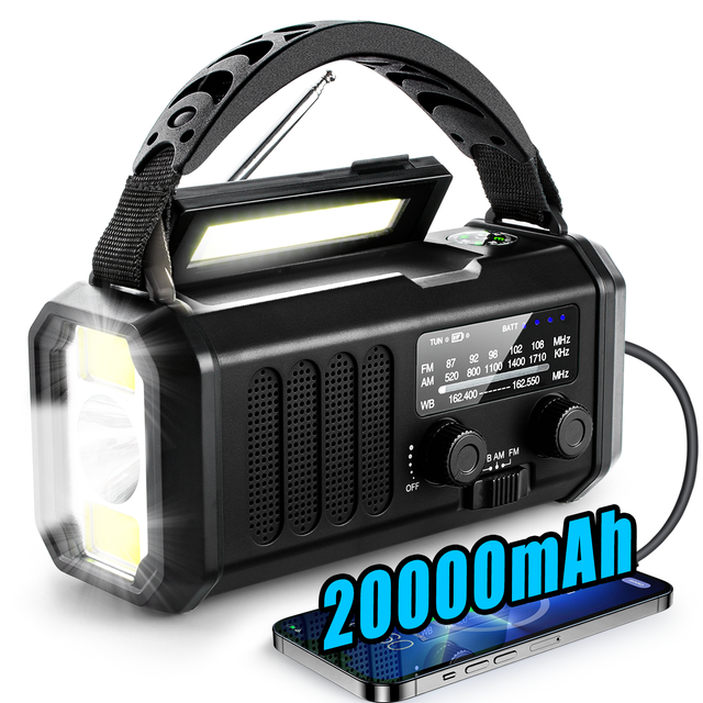 Portable 20000mah Rechargeable Survival Kit Emergency Weather Radio Solar Hand Crank LED Torch NOAA AM/FM Radio Phone Charger