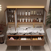 Meuble de salle de bain d'hôtel moderne avec vasque en roche et placage chêne rouge, ensemble de meuble-lavabo en bois massif, miroir LED mural résistant à l'eau