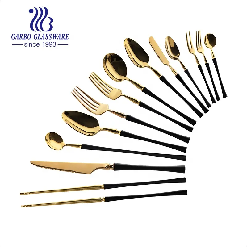 China Wholesale Reusable 410 Black Gold Classic Tableware Knife Fork Spoon Chopstick Flatware Set Stainless Steel Cutlery Sets