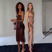 Robe longue bustier à imprimé floral vintage, sexy, en maille froncée, moulante et fendue, tenue de plage ajustée pour femme