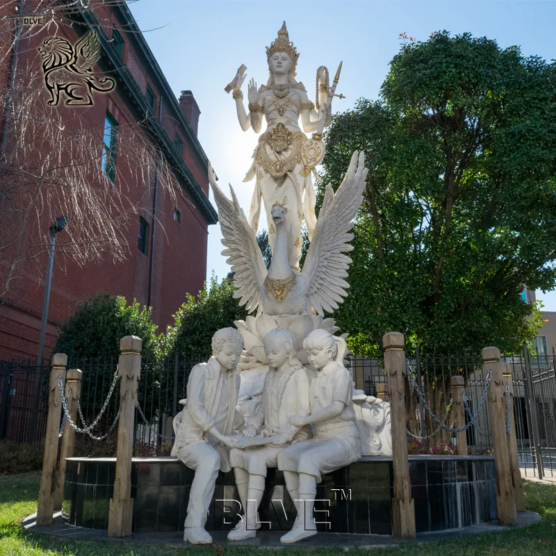 BLVE Großer Brahman ismus im Freien Religiöser hindu is tischer Gott Weißer Marmor Saras wati Statue Indische Weisheit Göttin Skulptur Mit Phoenix