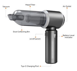 Máy hút bụi mini không dây 4 trong 1, mạnh mẽ, 3 tốc độ điều chỉnh, sử dụng pin, dành cho ô tô - Product Image 2