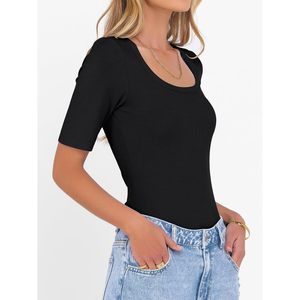 FOXA Haut en tricot côtelé pour femme, manches mi-longues, col rond, coupe ajustée, t-shirt basique, tenue décontractée d'été - Product Image 4