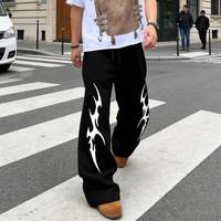 Pantalon Palazzo Homme Noir Personnalisé 100% Coton avec Transferts DTF Imprimé Flamme, Coupe Ample, Tendance, Haute Qualité, Décontracté, Streetwear, avec Cordon de Serrage
