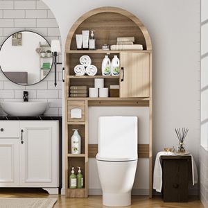 Armoire de rangement pour toilettes en bois de style farmhouse SENYU avec dessus arqué et étagères latérales pour l'organisation de la salle de bain - Product Image 3