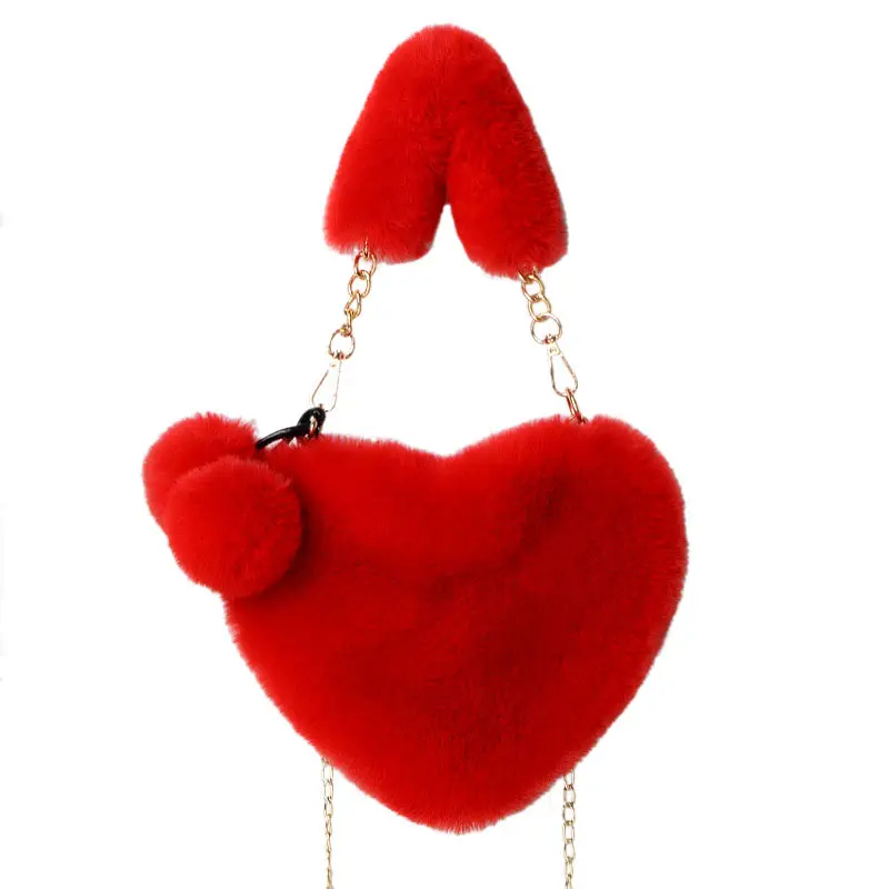 Customized Logo Women Lamb Fleece Shoulder Bags Winter Warm Fluffy Fur Handbag Heart Shape Purse