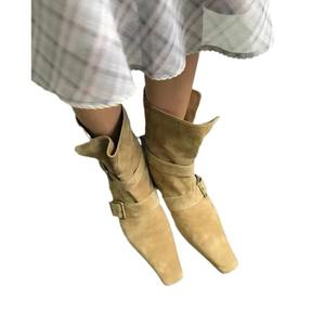 Botas de media pantorrilla para mujer 2026 de cuero genuino y ante, estilo retro, con punta cuadrada, tacón grueso, hebilla y diseño plegable 2 en 1. - Product Image 5