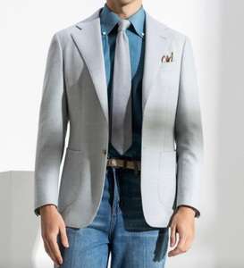 Traje de Negocios de Primavera/Verano 2026, Chaqueta Gris Claro con Solapa de <span class=keywords><strong>Ojal</strong></span> Hecha <span class=keywords><strong>a</strong></span> <span class=keywords><strong>Mano</strong></span>, Bolsillos con Parches, Talla Grande, 100% Lana - Product Image 3