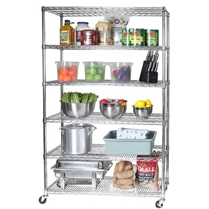 Durable Metal Wire Shelving Chrome Plated Wire Shelves 6 Layer Adjustable Industry Metal Storage Shelf With Wheels