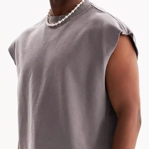 T-Shirt in cotone 100% pesante con stampa DTG T-Shirt Unisex oversize senza maniche in bianco senza maniche con bordo grezzo <span class=keywords><strong>canotta</strong></span> corta da uomo - Product Image 3
