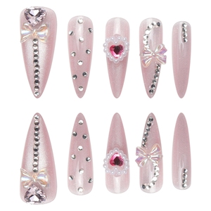 Suministros para <span class=keywords><strong>uñas</strong></span> 24 piezas Stiletto largo Cateyes Color Rosa Press-on acrílico francés <span class=keywords><strong>uñas</strong></span> postizas arte <span class=keywords><strong>con</strong></span> lazo 3D cromo <span class=keywords><strong>corazones</strong></span> joyería - Product Image 5