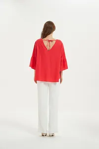 Blusa solta plissada com gola em v para mulheres, moda feminina elegante 2023