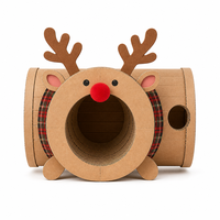 Tunnel pour chat en carton ondulé, motif renne de Noël avec écharpe à carreaux et trou de surveillance