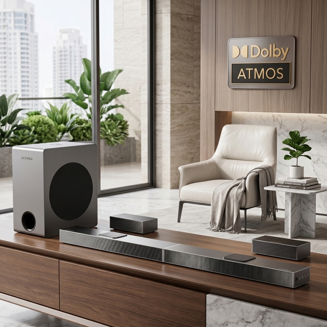 ULTIMEA 4K HDR Pass-Through True Dolby Atmos 8" Wireless Subwoofer BT 360 Spatial Audio Cinema Audio 5.1.2 Surround System
