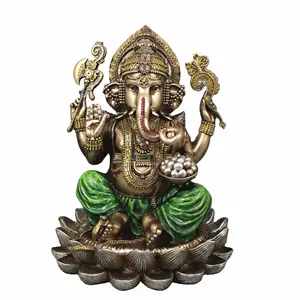 Lord Ganesha 연꽃 힌두교 신에 앉아 골동품 청동 마감 수지 동상 코끼리 성공의 신 불상