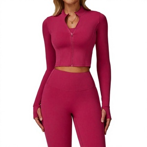 Outdoor Running Zip-Up Yoga <b>Jacket</b> Women Long-Sleeve <b>Workout</b> Tops Breathable Quick Dry Nylon Spandex Front Logo Thumb Hole Stand - Product Image 2
