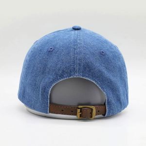 Wholesale Custom High Quality 6 Panel Blue Denim Washed Embroidery Logo Baseball Cap,Leather Strap Luxury Ripped Women Dad <b>Hat</b> - Product Image 5