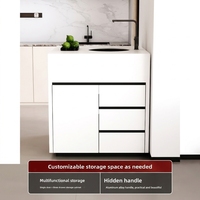 Mueble de Cocina Moderno de Madera Maciza con Encimera de Piedra Sinterizada, Mesa de Comedor Independiente Integrada con Fregadero y Fuente de Alimentación
