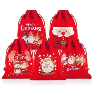 Sacs de noël en tissu de flanelle avec cordon de serrage, motif de noël personnalisé, sacs à cordon en velours, sacs cadeaux de noël avec corde rouge