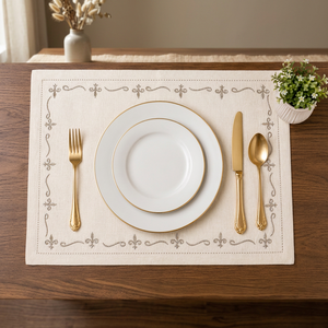 Premium Linen <b>Placemat</b> with Elegant Embroidered Fleur-de-Lis Border | Luxury Cream Dining Table Mat - Product Image 2