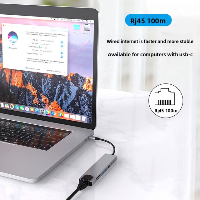 8-in-1 Aluminum Alloy Type-C Docking Station USB Hub PD 100W USB 30 RJ45 for 100Mbps Expansion