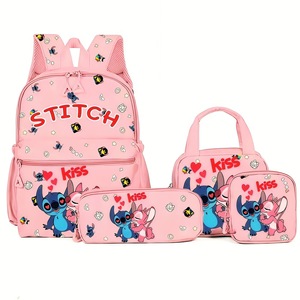 Set Ransel Sekolah Stitch Baru, Tas Selempang Travel Trendy Kapasitas Besar Gaya Anime Stitch 4pcs/set untuk Anak-anak - Product Image 1